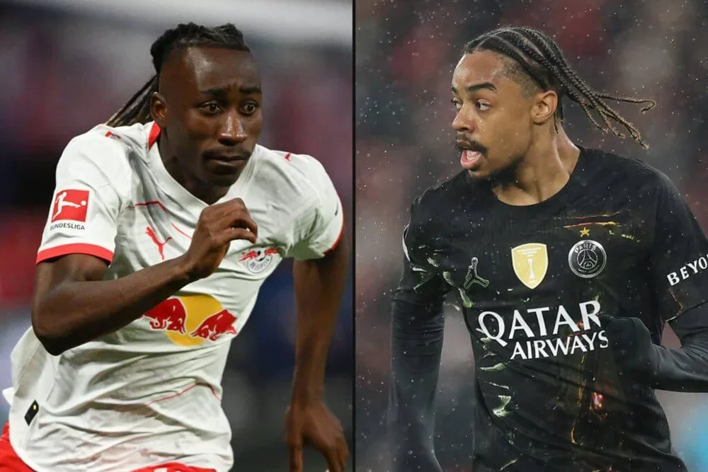 A combination image of RB Leipzig's Yan Diomande and Paris Saint-Germain's Bradley Barcola